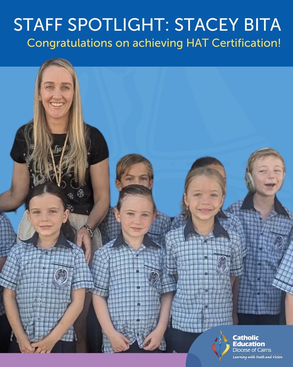 🌟 𝗦𝘁𝗮𝗳𝗳 𝗦𝗽𝗼𝘁𝗹𝗶𝗴𝗵𝘁 🌟 

A big congratulations to Stacey Bita from Our Lady Help of Christians School on achieving Highly Accomplished Teacher certification!

Follow the link to read Stacey's story: bit.ly/3Z91Ti3

#CatholicEducationCairns