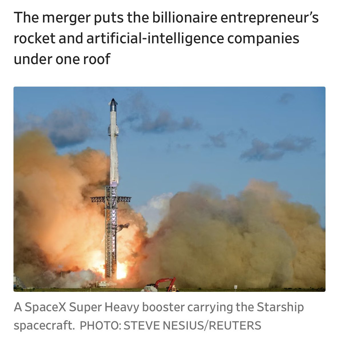 DebneelM's tweet photo. Elon Musk ⁦@SpaceX⁩ acquires ⁦@xai⁩. Mother of all M&amp;A. A bold step towards data centres in space to be used #Xai https://t.co/0k5MnNKcGq