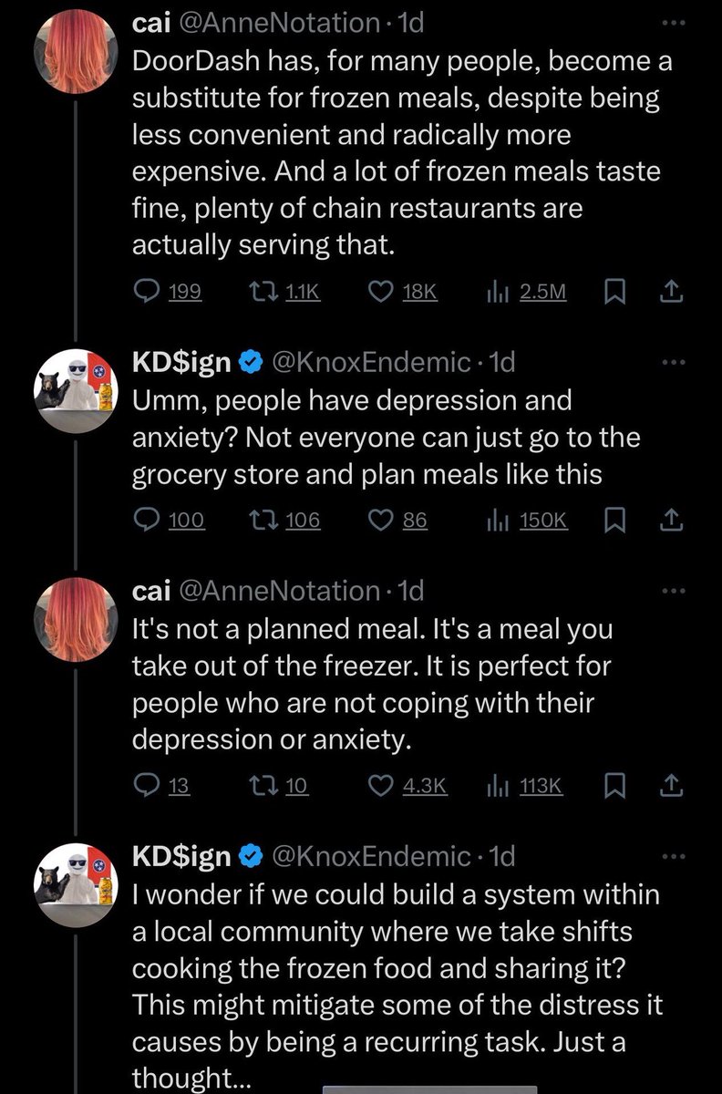 In honor of DoorDash discourse somehow returning in 2026, a thread of my favorite posts from the original discourse. I feel like we've all forgotten how insane things got.

"I am too anxious/depressed to microwave a frozen meal. I need communal cooks to feed me"