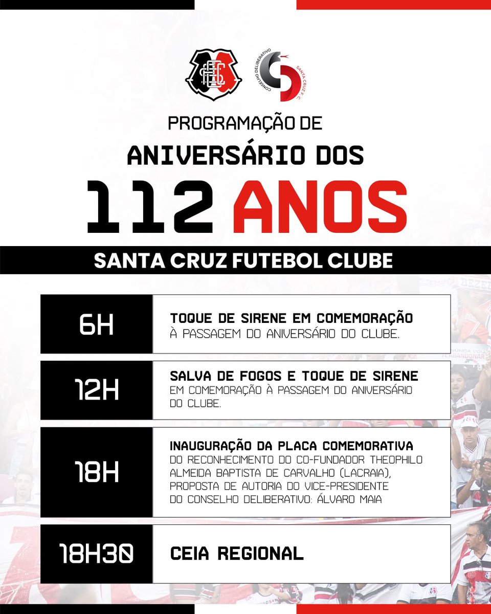 CD_SantaCruzFC's tweet image. Convocamos todos os membros do Conselho Deliberativo a participar da Reunião Extraordinária que celebra o 112º aniversário do Santa Cruz Futebol Clube.

⬇️ Confira a programação ⚫️⚪️🔴

#santacruz #conselho #aniversário #arruda #convite