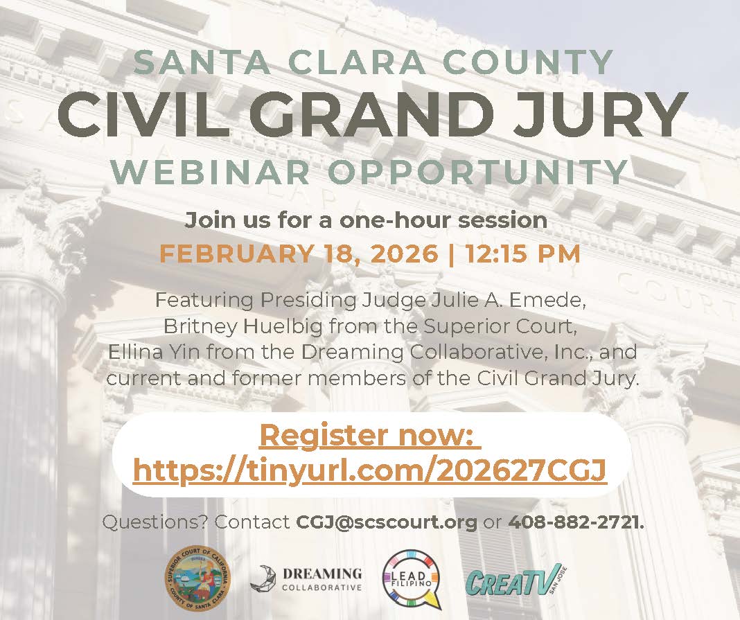 Join us for a webinar on the #SantaClaraCounty Civil Grand Jury on February 18, 2026, at 12:15 p.m.

Register today:  tinyurl.com/202627CGJ