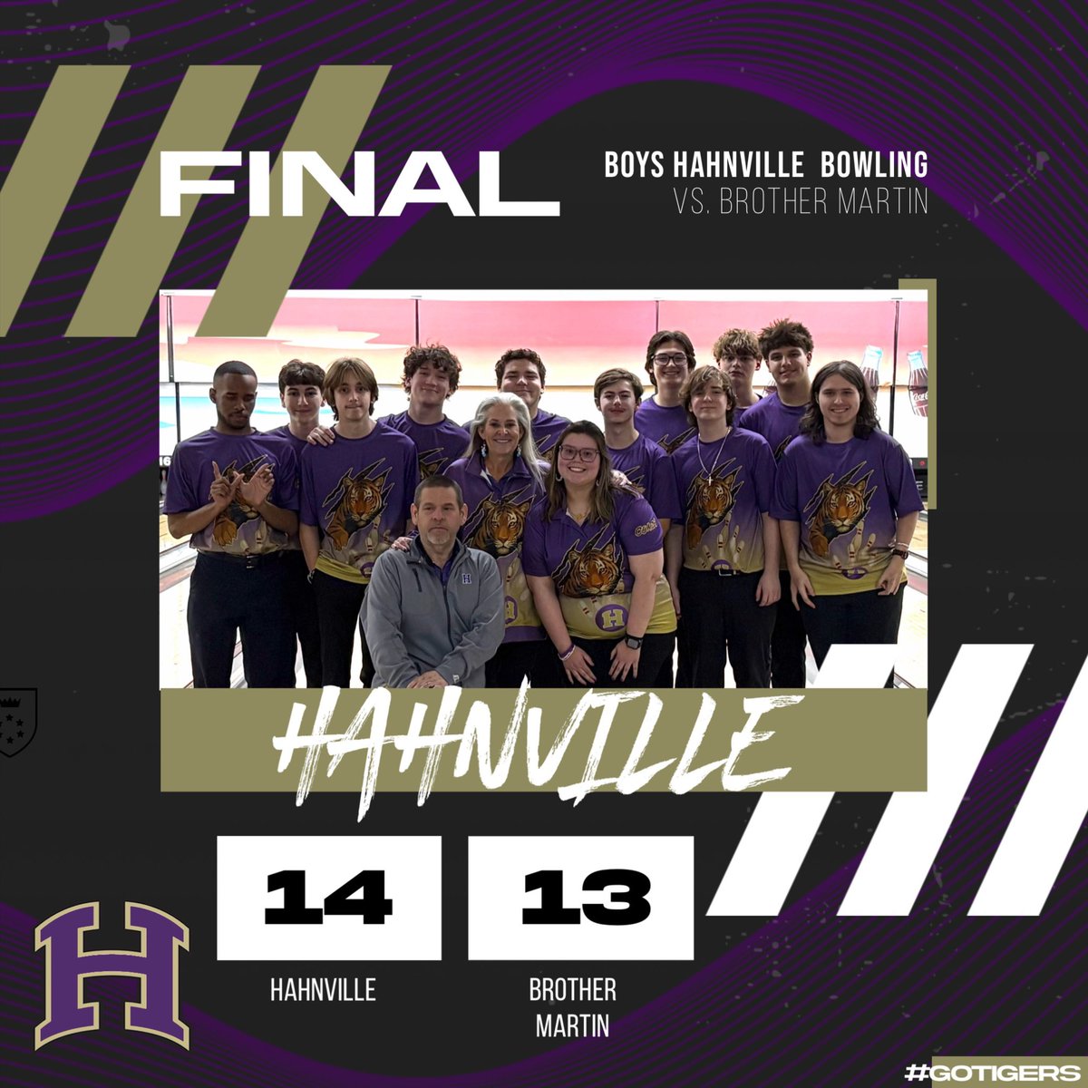 hahnvillesports's tweet photo. Tigers WIN! Boys bowling defeated Brother Martin 14-13. They won total pins by 16 pins. Go Tigers! 🎳🐅 https://t.co/W0D5i1naNW
