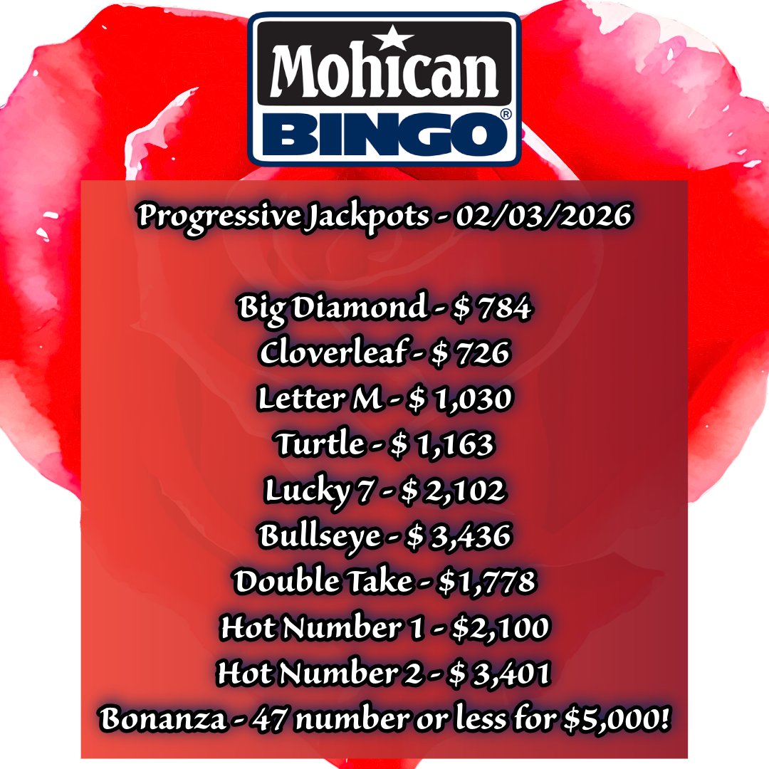 Those Mohican Bingo Jackpots are looking very nice! See you tomorrow, February 3, doors open at 9:00am | Early Birds 10:30am | Regular session 11:00am. $40 Machines, $5 packs, and $200 payouts!!!