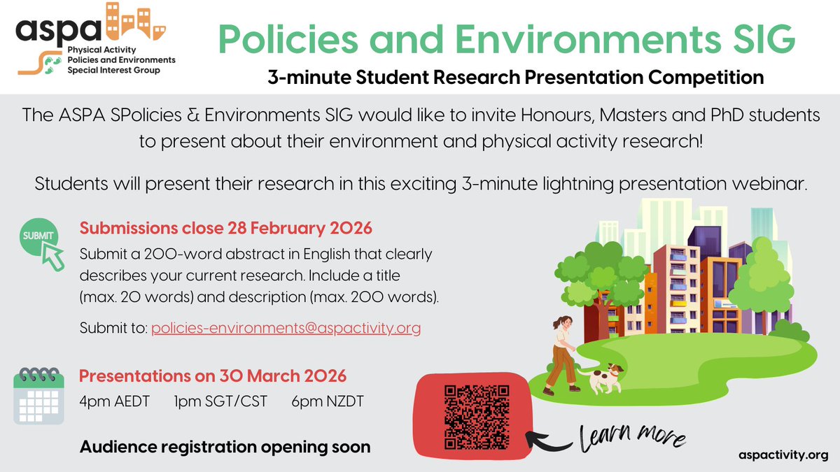 ASPActivity's tweet photo. Take on the ASPA Policies &amp; Environments SIG 3-Min Research Presentation Comp!

We’re looking for research students across the Asia-Pacific to present their physical activity and environment research on 30 Mar.

Submission deadline: 28 Feb

More info: https://t.co/oq6qo0iwg1 https://t.co/9ndLVyUvcY