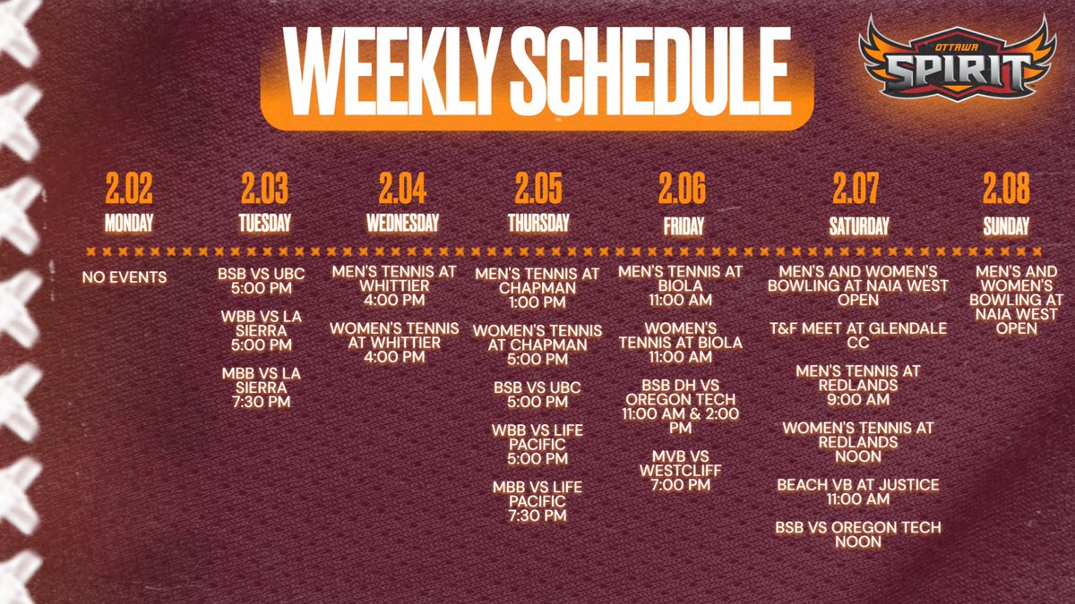 Here are your Spirit Teams in action this week!
(2/2-2/8/26)

This week will have events featuring <a href="/OUAZBaseball/">OUAZ Baseball</a>, <a href="/OUAZWBB/">OUAZ Women's Basketball</a>, <a href="/OUAZMBB/">OUAZ Men’s Basketball</a>, <a href="/OUAZTennis/">OUAZ Tennis</a>, <a href="/OUAZMVB/">OUAZ Men's Volleyball</a>, OUAZ Bowling, OUAZ Beach Volleyball, &amp; <a href="/OUAZXCTF/">OUAZ XCTF</a>! 

#WeAreOUAZ