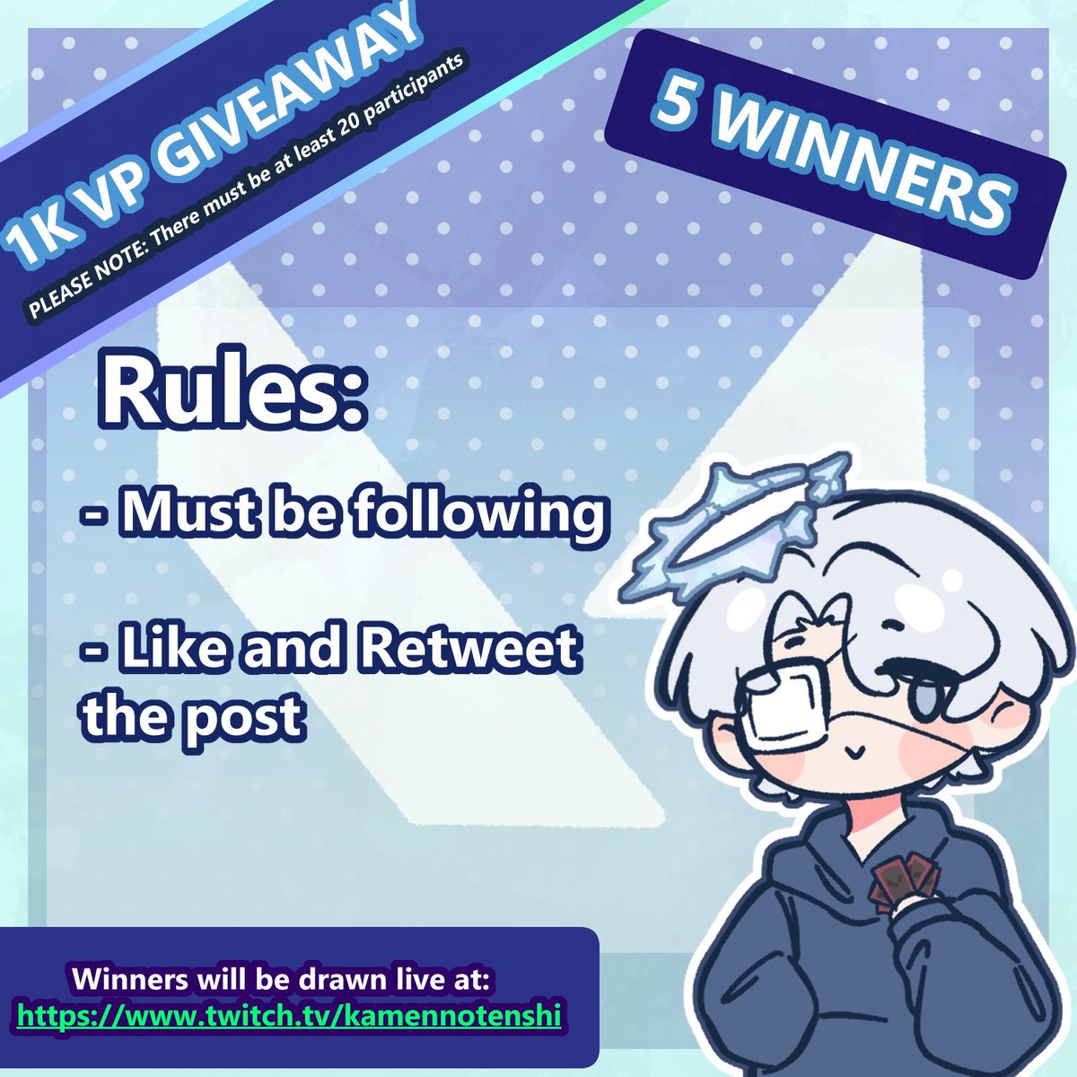 Kamen_no_Tenshi's tweet photo. Hello Hello! After reaching my goals for 2025, I decided to do something special as a thank you from me to celebrate this milestone 

5 lucky winners will each win Valorant 10 dollar gift cards (1,000 VP) as the prize :D (NA only, will do international giveaway soon) 

All you have to do is 

1️⃣ Like & retweet this post
2️⃣ Follow @Kamen_no_Tens 
3️⃣ Comment & tag a friend (tagging friend is optional) 

Giveaway starts today and will end on 2/15 4pm EST. Winners will be chosen live on my stream

#VALORANT #GiveawayAlert #ValorantGiveaway #RiotGames 

(Thank you @sunyiuu for the lovely art 🙂)