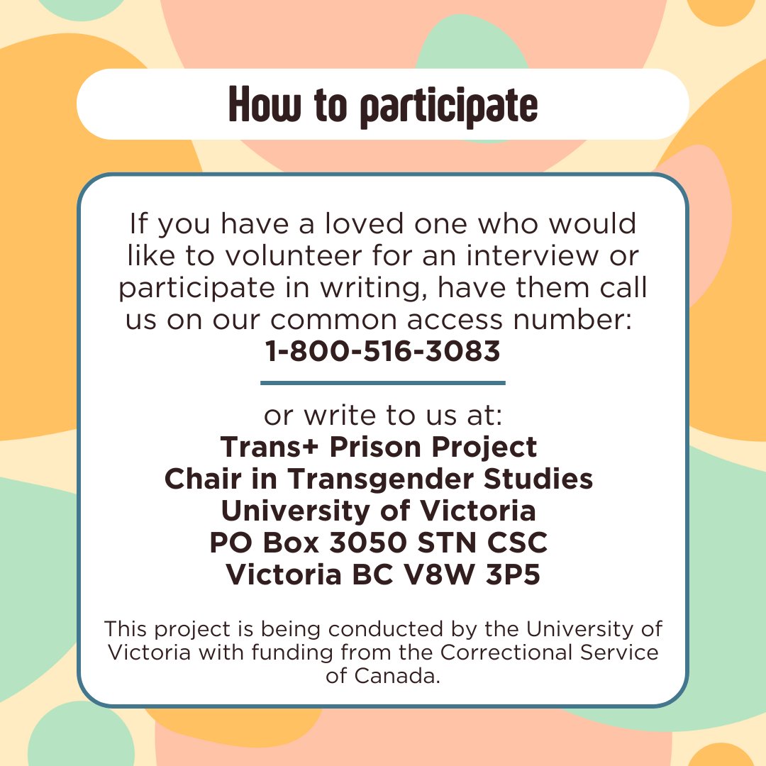 We want to hear from those incarcerated in the Prairies and Atlantic region! Swipe for more info!

#incarceratedlivesmatter #incarceratedlovedones #uvic #callforparticipants #research #canadianprisonsystem #trans #LGBTQ