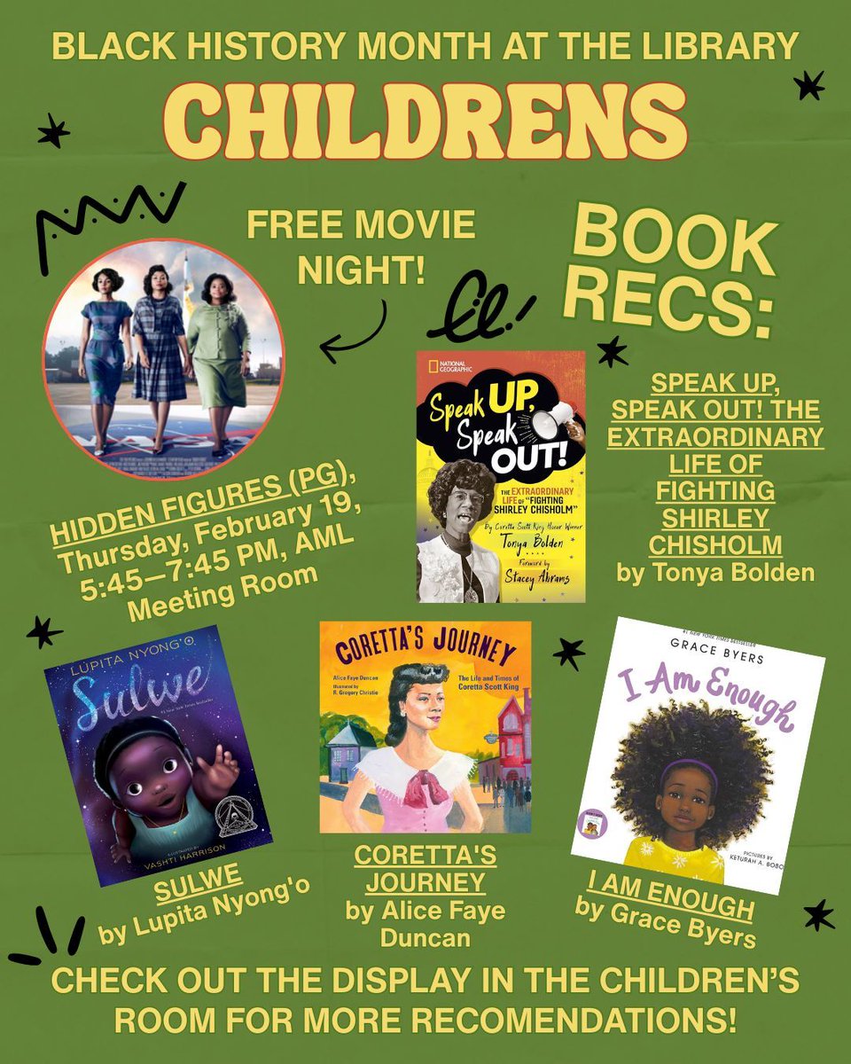 February is Black History Month at the Library! Swipe to see book recomendations and programming for all ages. Sign up for programs on the program page on our website: buff.ly/iNFEgBd 
#Blackhistorymonth 
See bio for accessibility info.