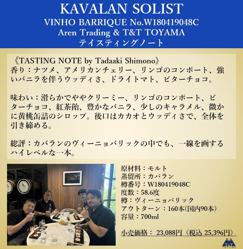 カバラン ソリスト ヴィーニョバリック T&T TOYAMA & Aren Trading