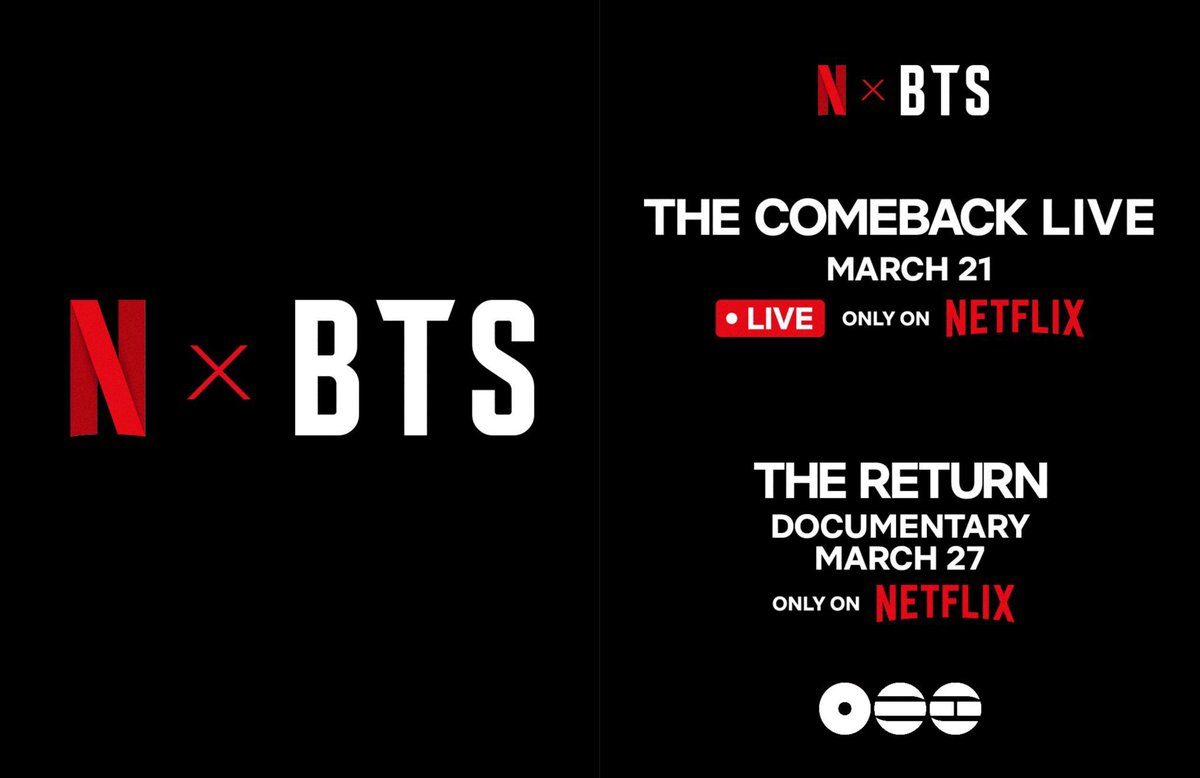 BTS NA NETFLIX!!!!!! 🗣️🗣️🗣️

O documentário ‘BTS: THE RETURN’ lança dia 27/03! Ele mostrará a produção do álbum ARIRANG!

E também, a apresentação do BTS na Praça Gwanghwamun será transmitida dia 21/03, às 8h (🇧🇷)

BTS X NETFLIX
BTS THE RETURN DOCUMENTARY
BTS IS COMING