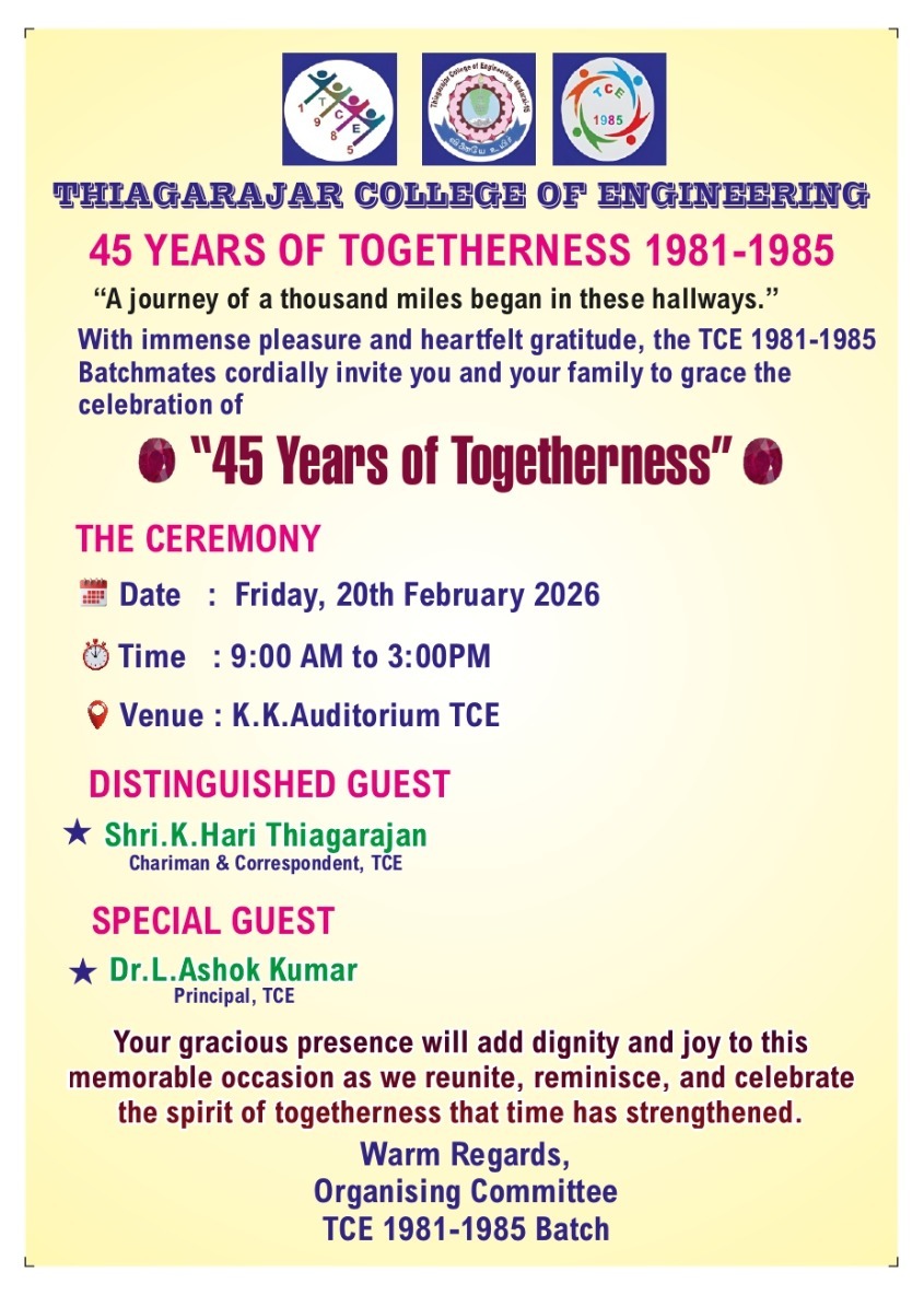 tceofficialpage's tweet photo. ✨ 45 Years of Togetherness | TCE 1981–1985 ✨
Celebrating memories, friendships & legacy as the Batch of 1985 reunites.
🗓️ Feb 20, 2026 | ⏰ 9 AM–3 PM | 📍 K.K. Auditorium, TCE
#TCE #BatchOf1985 #AlumniReunion #45YearsTogether #TCEFamily https://t.co/klxq4zkgxM