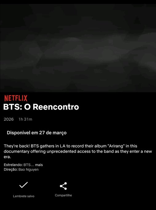 BARMYSTREAM's tweet photo. 🔴 | BTS no Netflix

ARMYS com contas no Netflix, já vamos trabalhar no lembrete por aqui também? Entrem nos links abaixo e ativem para não esquecer!

• BTS THE COMEBACK LIVE
https://t.co/M0s7yTIYPb

• BTS: O Reencontro
https://t.co/R2dvqgJrgJ

BTS IS COMING
ARIRANG IS COMING
BTS x NETFLIX
#BTSonNetflix
#BTSxNetflix