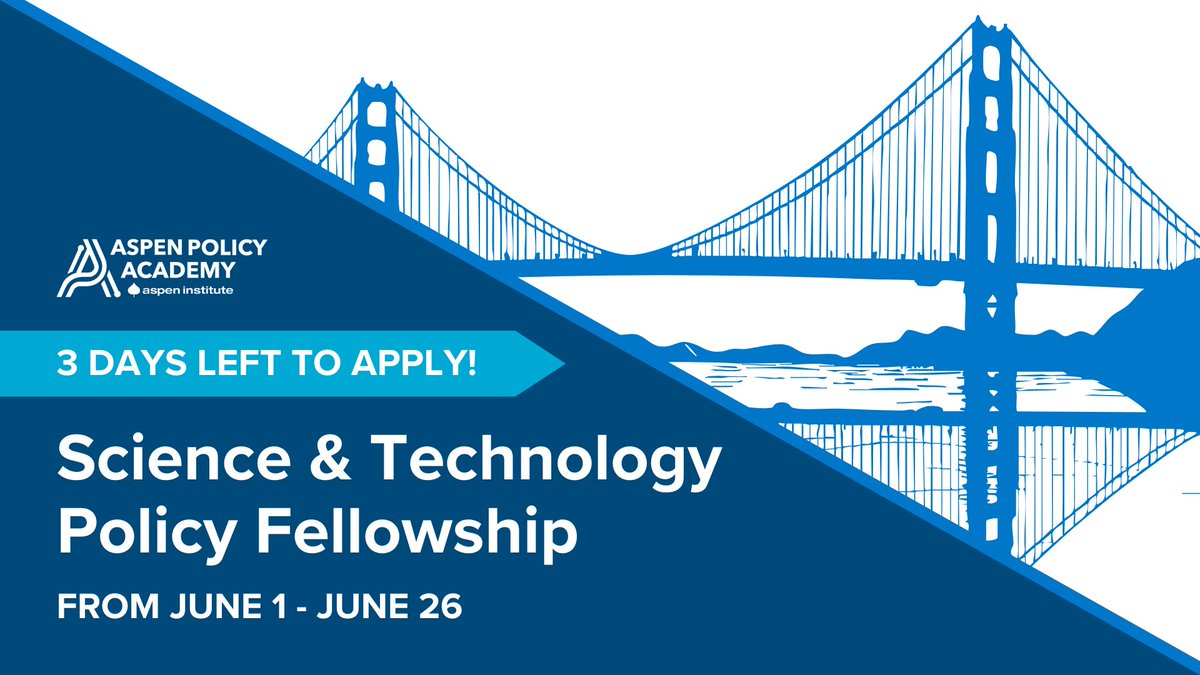 📅3 Days Left to Apply!
📣 Don’t miss your chance to join our annual, paid Science and Technology Policy Fellowship. Applications are due at 11:59pm PT on Thursday, February 5.
🔗Learn more and apply here: aspenpolicyacademy.org/program/scienc…
 #TechPolicy #AspenPolicyAcademy #ApplyNow