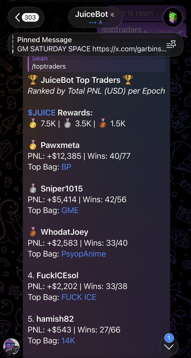 🚨 BREAKING: JUICEBOT USERS PRINTING! 

Every 14 days the top traders get paid in $JUICE. You stake it and it earns SOL, ETH, and BNB.

Join the TG and see if you’re all talk or got some pimp in your limp play’err. 

👉 t.me/juicebotapp