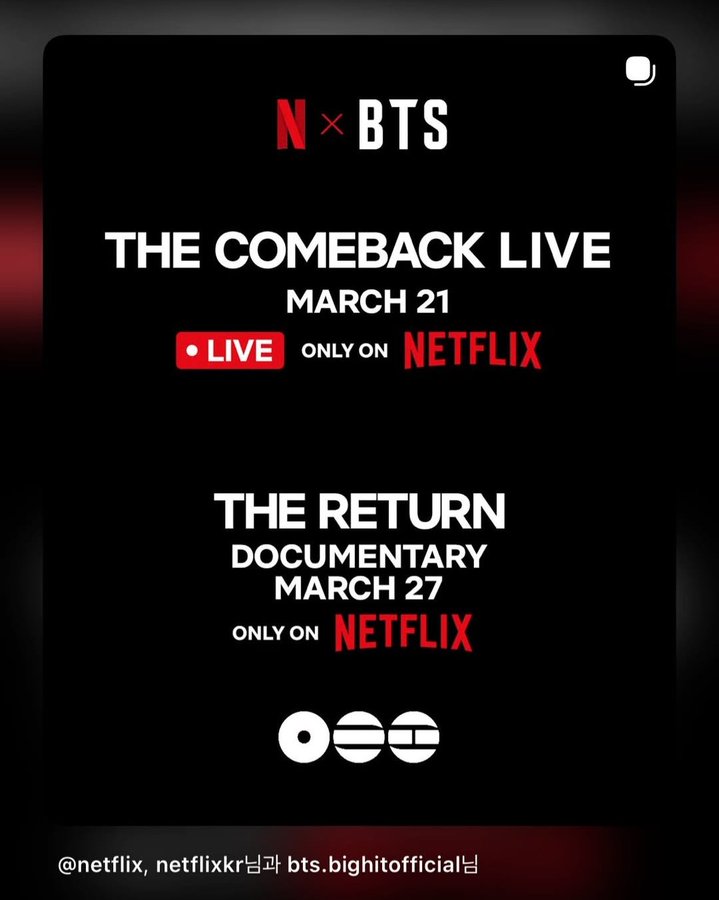 jmazeey's tweet photo. Comeback stage bangtan di gwanghamun akan ditayangkan secara langsung di netflix tgl 21 maret ini akan jd penampilan pertama bts setelah hiatus 4tahun, konser gratis ini diperkirakan akan menarik 200k pengunjung, lebarannya nobar konser bangtan 🥳 https://t.co/vCRQM3iCUM