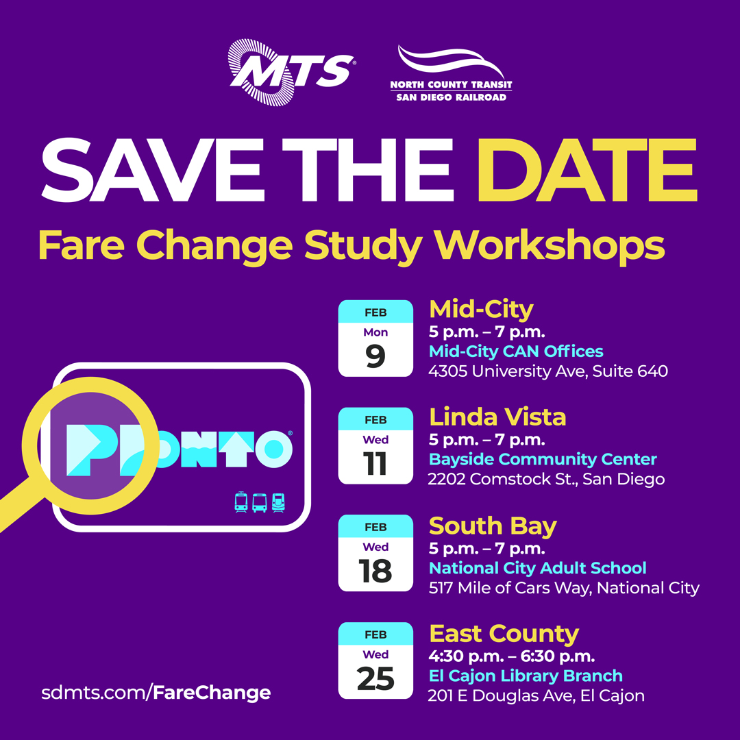 MTS is facing a budget shortage in the next few years. As part of our effort to avoid major service cuts, we are asking the public for feedback on possible fare changes. Save the date to attend a workshop or transit center pop-up in February:  participate.sdmts.com/fare-change