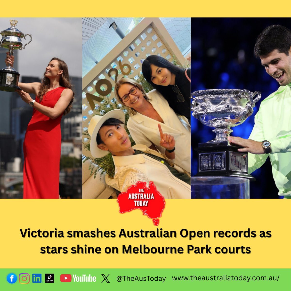 TheAusToday's tweet image. Victoria has smashed Australian Open records, with 1.368 million fans packing Melbourne Park over three weeks and the tournament delivering $565.8 million annually to the state’s economy.

Read details 🔗👇
theaustraliatoday.com.au/victoria-smash…

#AustralianOpen #AO2026 #Melbourne #Victoria