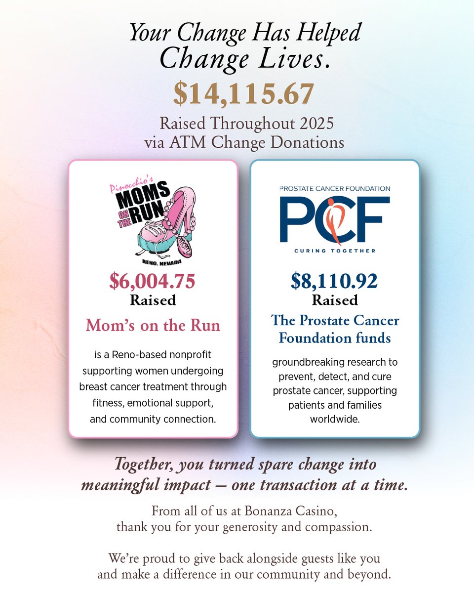 Small change can make a big difference. 💛
In 2025, our guests helped raise $14,115.67 through ATM change donations at Bonanza Casino—supporting cancer research and community care.
Thank you for giving back one transaction at a time.
<a href="/MomsontheRun01/">Moms on the Run</a> <a href="/PCFnews/">Prostate Cancer Foundation</a> <a href="/RyanSheltra/">Ryan Sheltra</a>