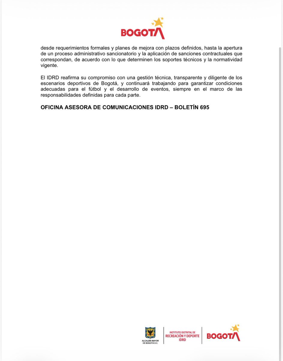 CarlosAfutbol's tweet photo. Comunicado oficial del IDRD sobre el estado de la cancha del estadio El Campin.
 
Mañana van hacer una visita de inspección al terreno de juego. 

Es posible que se tomen medidas administrativas contra @SenciaBogota https://t.co/6qi3ndcU1R
