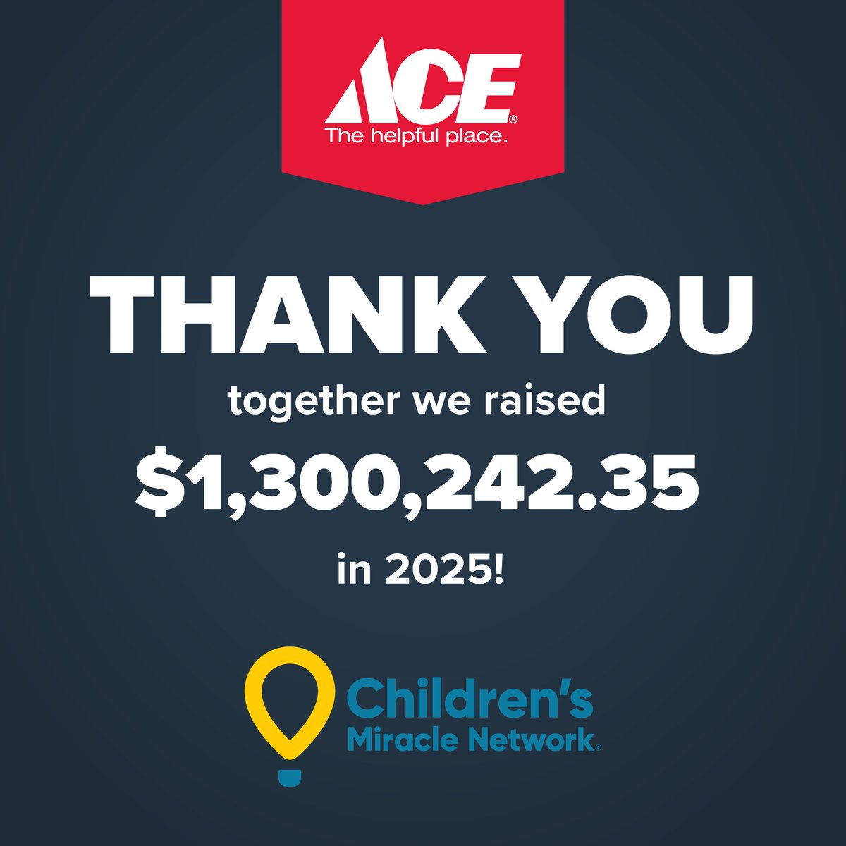 GreatLakesAce's tweet photo. Thanks to the incredible generosity of our customers, we raised more than $1.3 million for Children’s Miracle Network families across the communities our stores serve. 💛 Your support helps make so many things possible for children facing health challenges. https://t.co/Ih2VK70kx8