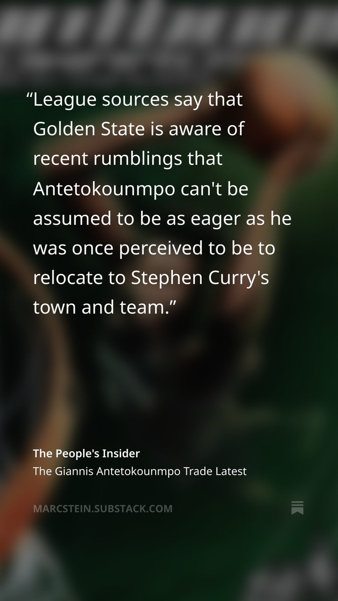 dru_star's tweet image. “League sources say that Golden State is aware of recent rumblings that Giannis Antetokounmpo can't be assumed to be as eager as he was once perceived to be to relocate to Stephen Curry's town and team.” - @JakeLFischer

Via @TheSteinLine Substack: open.substack.com/pub/marcstein/…
