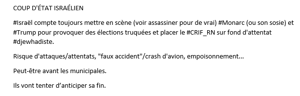 andreileterrib1's tweet photo. COUP D'ÉTAT ISRAÉLIEN

#Israël compte toujours mettre en scène (voir assassiner pour de vrai) #Monarc (ou son sosie) et #Trump pour provoquer des élections truquées et placer le #CRIF_RN sur fond d'attentat #djewhadiste.

Risque d'attaques/attentats, "faux accident"/crash d'✈️... https://t.co/IexAaorqw8