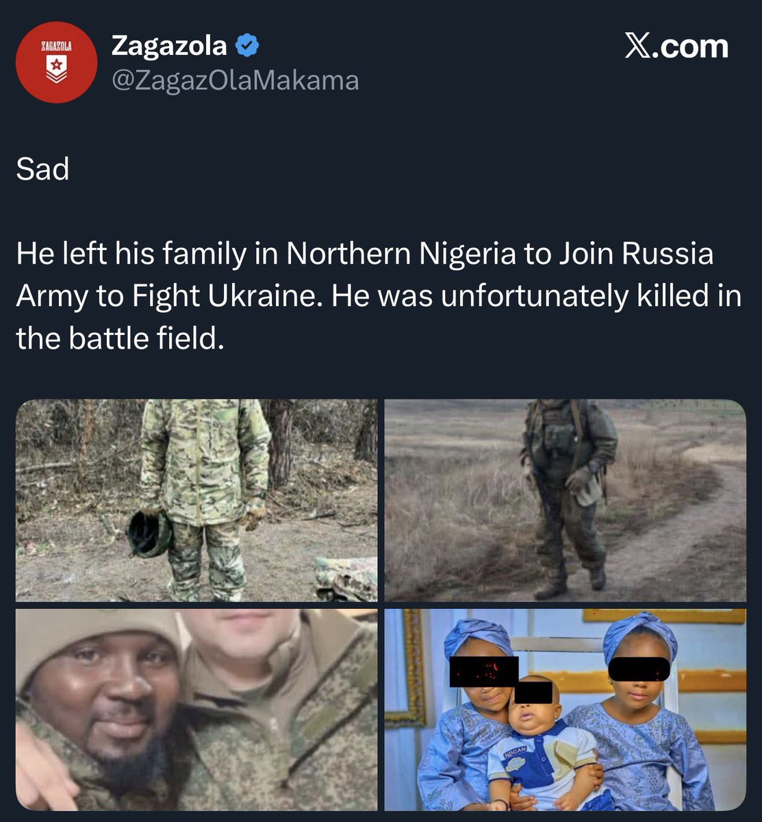 He left his family to kill innocent people on behalf of psychopathic Kremlin rapists.

He fortunately won’t kill again. 

There, I fixed it.