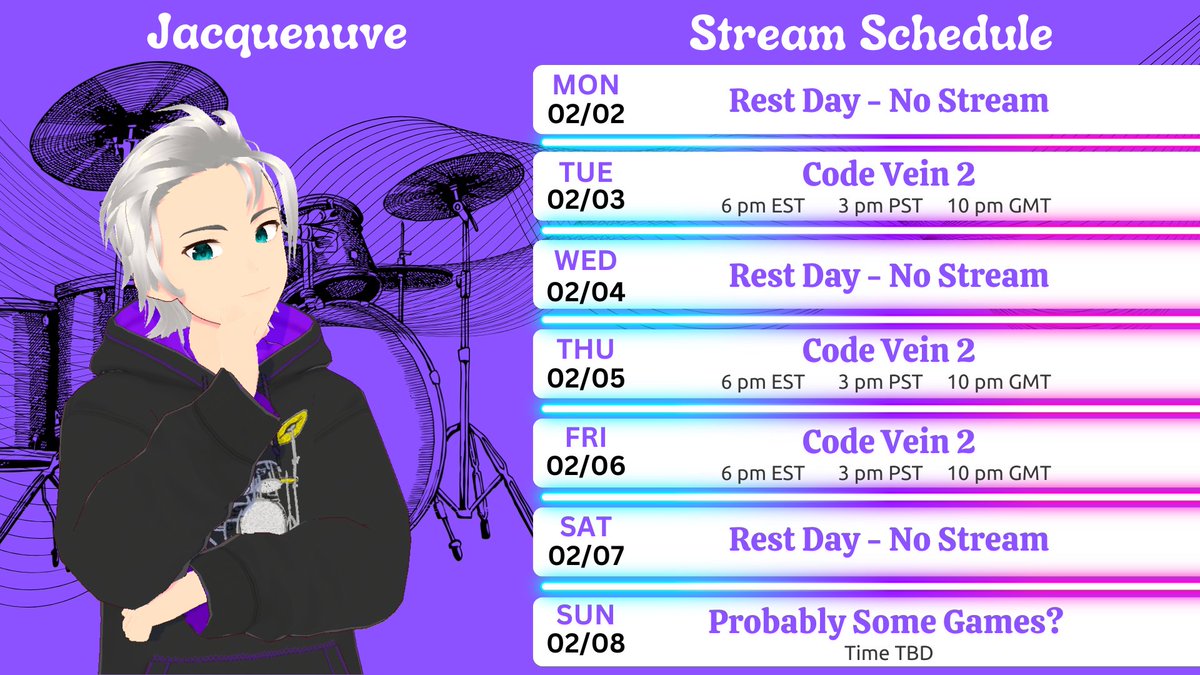 Last week ended with a lot of stuff but this week looks to be a lot more chill.  Same schedule as last week and same game too.  Maybe a drum stream on Sunday if I can get work done around the house enough to setup the drum set and stream.