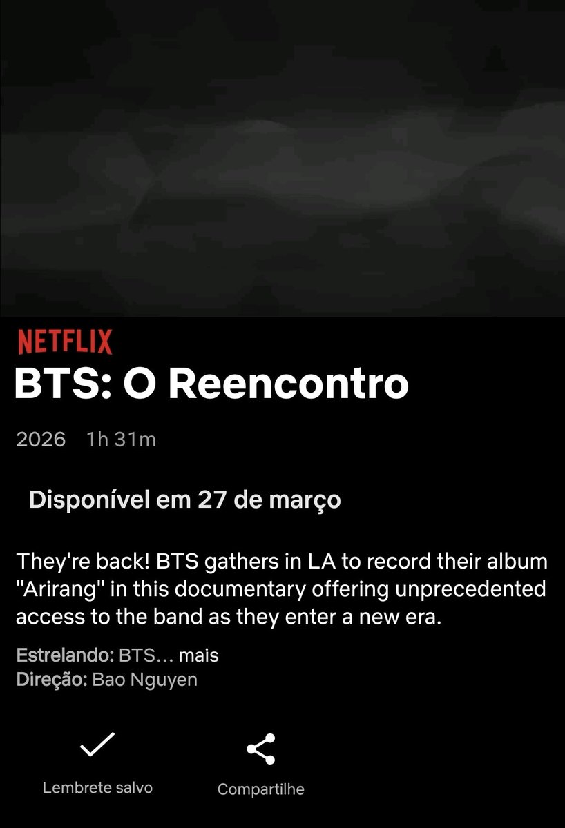 BANGTANHIIT's tweet photo. [🚨] - Você já pode salvar o lembrete dos dois conteúdos do BTS na Netflix. Quando forem lançados, você receberá a notificação para ir assistir. 💜

🎤 BTS THE COMEBACK LIVE | ARIRANG
🗓 21/03
⏰ 8h BRT
🌍 Ao vivo no mundo todo, exclusivo na Netflix
🔗(https://t.co/Ii40ewuUhw)

🎥 BTS: THE RETURN (Document��rio)
🗓 27/03
📺 Somente na Netflix
🔗(https://t.co/MIPefFSyok)

BTS IS COMING 
#BTS #BTS_ARIRANG
#BTSComeback2026