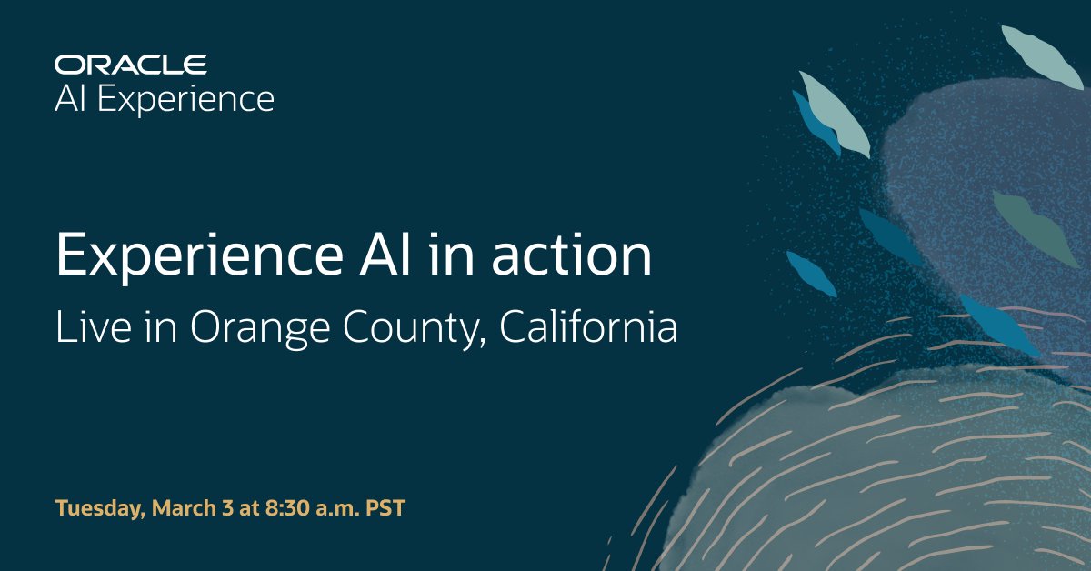 deepak_vvs's tweet photo. Whether you’re a developer, analyst, or business leader—#OracleAIExperience offers you a chance to get hands-on with groundbreaking Oracle GenAI &amp; agentic AI solutions. Register today to experience expert sessions and hands-on labs live in Orange County: https://t.co/C8bDKGe7rR https://t.co/7SwLp8d5qO