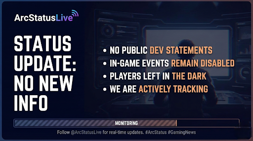 ArcStatusLive's tweet photo. ⚠️ STATUS UPDATE
Currently, in-game events remain disabled with zero public communication from the developers.
We are actively tracking server status and will post immediately when services return. Turn on notifications. 🔔
#ARCStatus #Update #ArcRaiders #ArcRaiders募集 https://t.co/ufkbg6uPHs