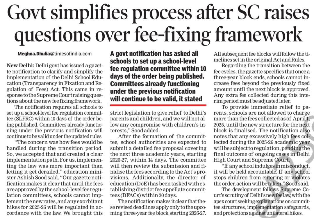 PR pro-Max by “Times of India”

Fact - At Supreme Court, the state Govt gave an affidavit that their Act will not control the fee which was increased by most of the Private schools in 2025-26

Published <a href="/TOIDelhi/">TOI Delhi</a>  - “Govt simplifies process” 

TOI published the version of Govt &amp;