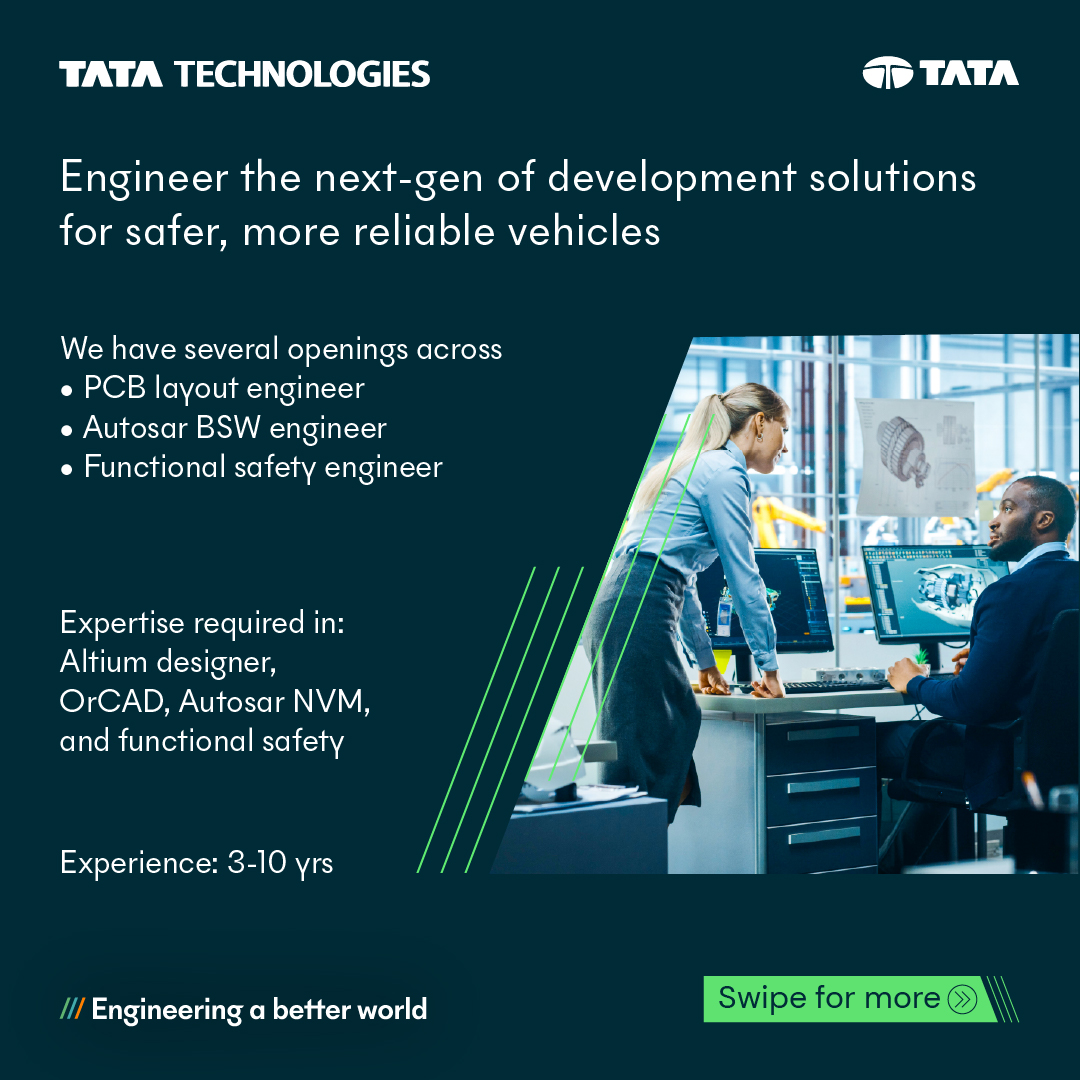 TataTech_News's tweet image. #FutureOfMobility - Let your skills and our expertise drive it together.

We’re on the lookout for BMS hardware, MBSE, embedded firmware, and powertrain engineers. If you have ideas that can redefine the mobility landscape and a passion to be part of a purpose-driven