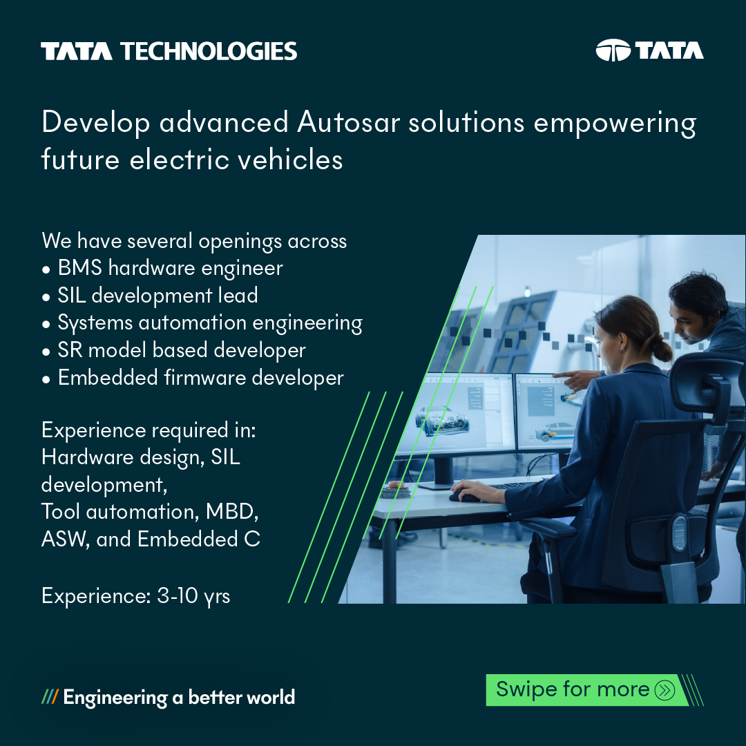 TataTech_News's tweet image. #FutureOfMobility - Let your skills and our expertise drive it together.

We’re on the lookout for BMS hardware, MBSE, embedded firmware, and powertrain engineers. If you have ideas that can redefine the mobility landscape and a passion to be part of a purpose-driven