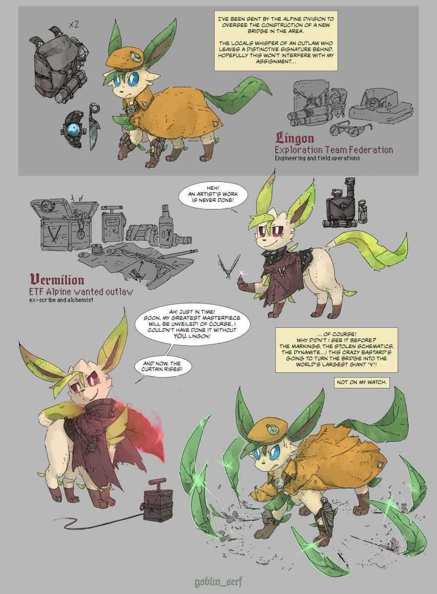 Two leafeon walk into a character sheet. 

But there's only room for one of them in this town. 

Thank you for lending me your characters!
Lingon <a href="/LanguidBee/">LanguidBee</a> 
Vermilion <a href="/glide_away/">Brie</a>