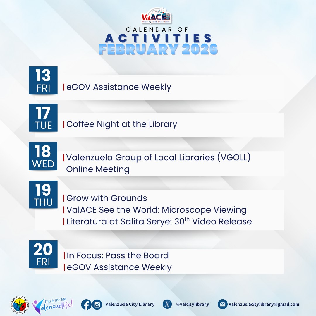 valenzuelacity's tweet photo. Here are the activities to look forward to this February at the Valenzuela City Library.

See you, #PamilyangValenzuelanos!

#Valenzuela #ValenzuelaNews #ValenzuelaCityLibrary #ValACE https://t.co/9MGnaVGZvF