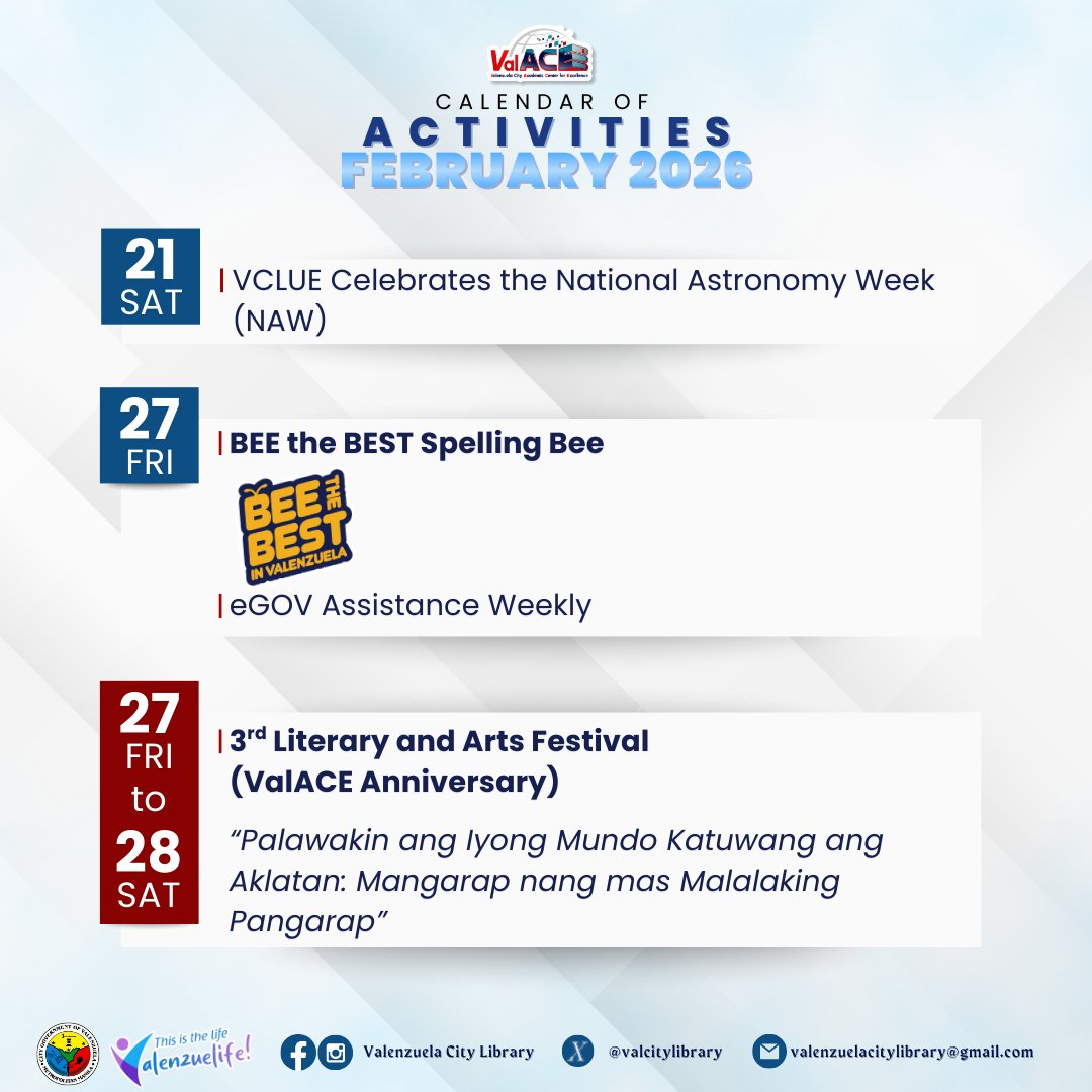valenzuelacity's tweet photo. Here are the activities to look forward to this February at the Valenzuela City Library.

See you, #PamilyangValenzuelanos!

#Valenzuela #ValenzuelaNews #ValenzuelaCityLibrary #ValACE https://t.co/9MGnaVGZvF