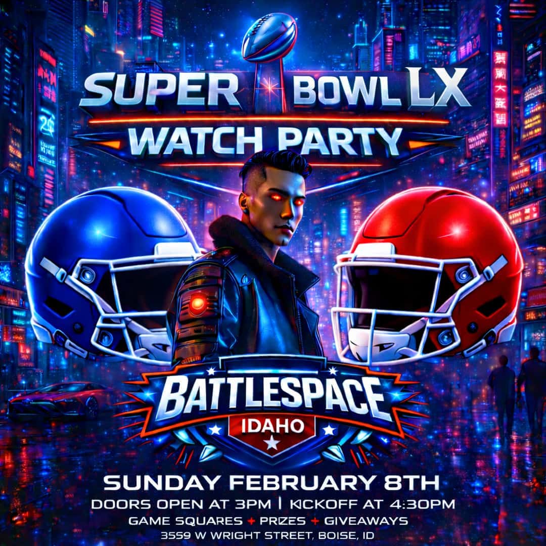 BattleSpaceID's tweet photo. Ignite your game day at the Super Bowl LX Watch Party with BattleSpace Idaho! Immerse yourself in a high-energy cyberpunk setting. Join us Sunday, February 8th, doors open 3PM, kickoff 4:30PM at 3559 W Wright Street, Boise, ID. #adprompt https://t.co/56OWt5GbGL