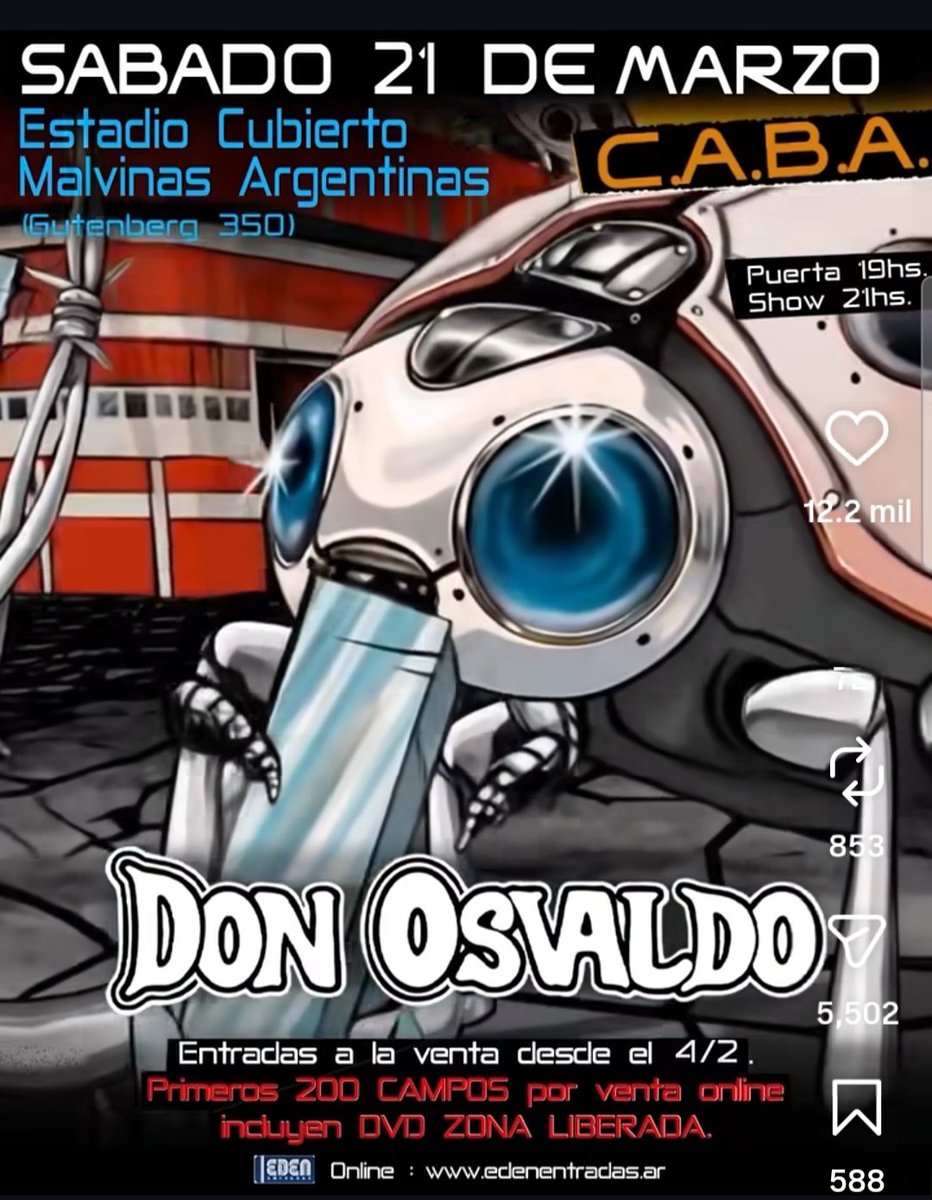 Después de lo que fue el primer show en Mar del Plata y lo que será el de La Plata, el 28/2 (ya agotado), #DonOsvaldo anunció su regresó a Capital Federal para el 21/3 en el Malvinas Argentinas de La Paternal.

➖️ Entradas a la venta desde el 4/2.