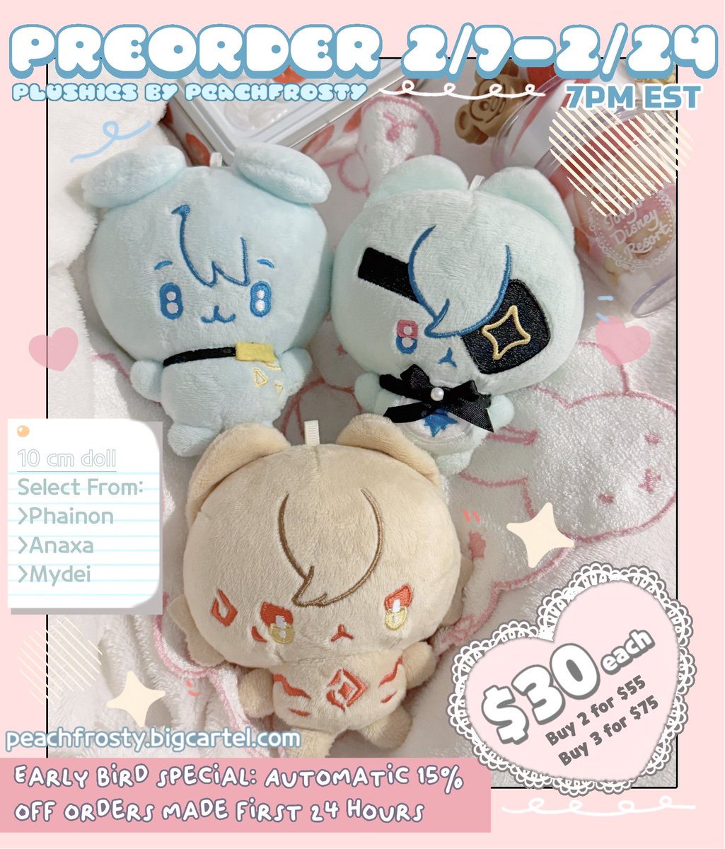 💗 hello hello~ it’s been a while :
 
Date for my store reopening and preorders for plushes are finally here!! 
You can adopt Phainon , Anaxa , and Mydei starting 2/7-2/24 🐇

I will have my store up for viewing 2/4 but will be live 2/7 at 7pm EST

Please look forward to it!!🌷