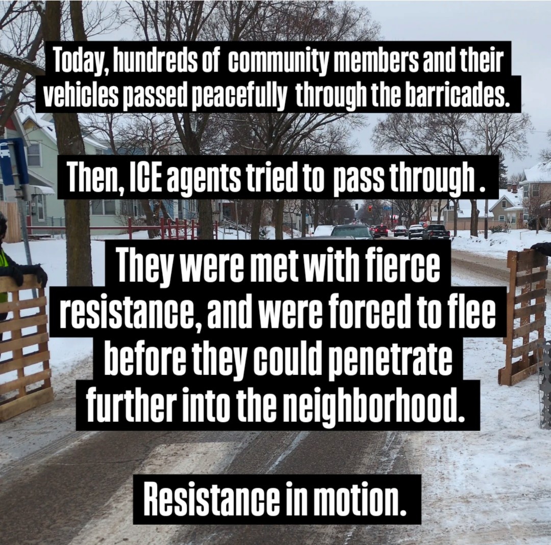 mpls_spring's tweet image. NEWS FROM THE BARRICADES:

Today, hundreds of community members were able to safely pass through the filter blockade. When ICE Agents tried, they were repelled. 

For a free Minneapolis, For one another.