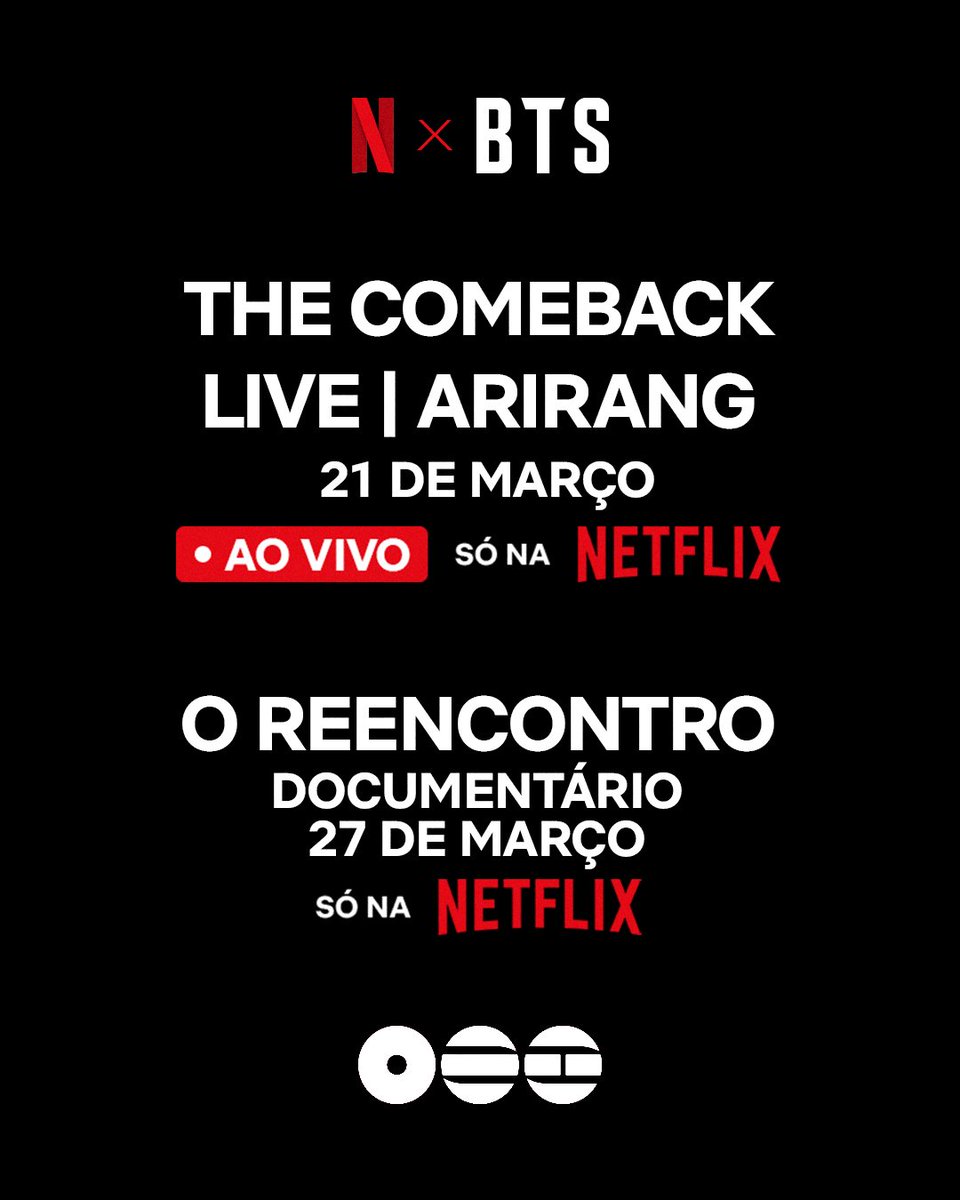 UniversBTS_'s tweet photo. [📰| A Netflix acaba de anunciar que, além de transmitir o Show de Comeback do BTS, que será em Gwanghwamun, Seul, também irá lançar um documentário INÉDITO com os bastidores do álbum "ARIRANG"! ❤️‍🔥

📅 21/03, às 8h da manhã (horário de Brasília): "BTS THE COMEBACK LIVE | ARIRANG" — Um show ao vivo exclusivamente na Netflix.

📅 27/03: "BTS: O Reencontro" — Um documentário que mostra os bastidores da criação do álbum de comeback ARIRANG.

BTS IS COMING 
BTS IS BACK
#BTSxNetflix

🦁 @BTS_twt