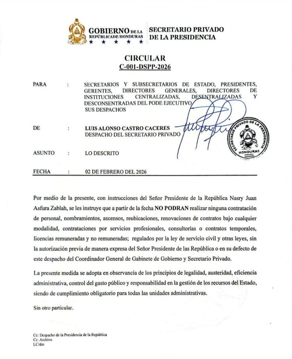 Golpe a la militancia del PN: Ordenan a ministros y directores de instituciones centralizadas y descentralizadas s no realizar contrataciones de ninguna naturaleza sin la autorización de presidente Nasry Asfura.