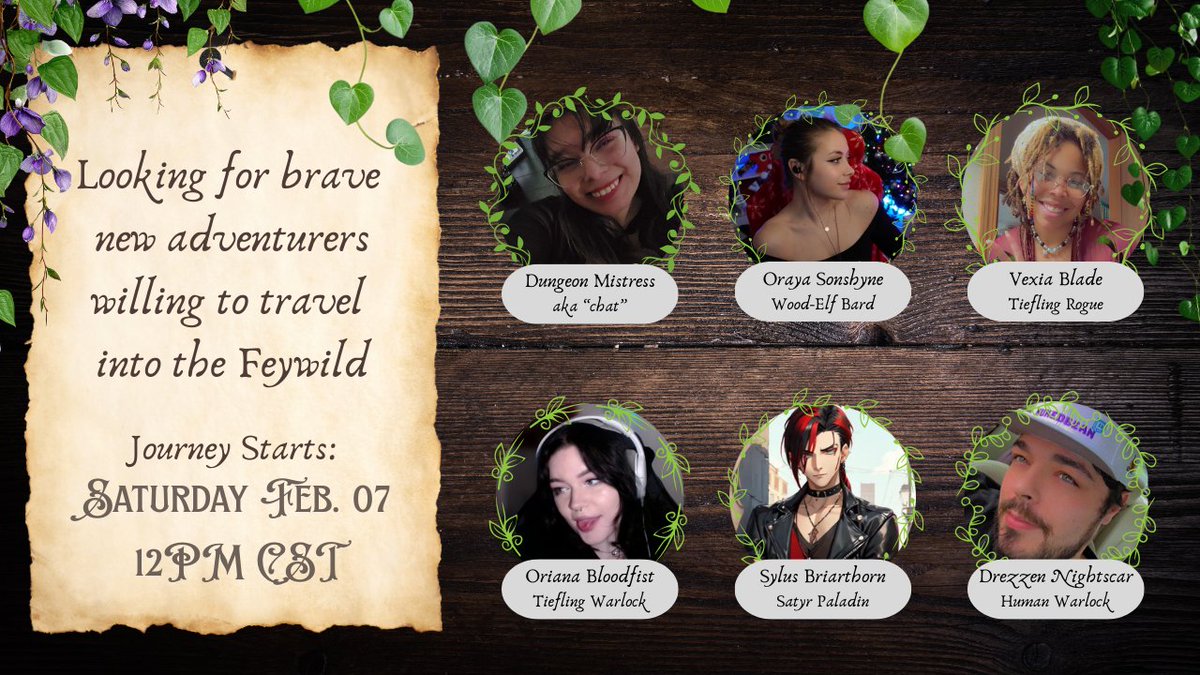 One of my biggest projects with some very dear friends is coming to life!

Please join us this saturday at 12pm on this new Adventure into the Feywild!