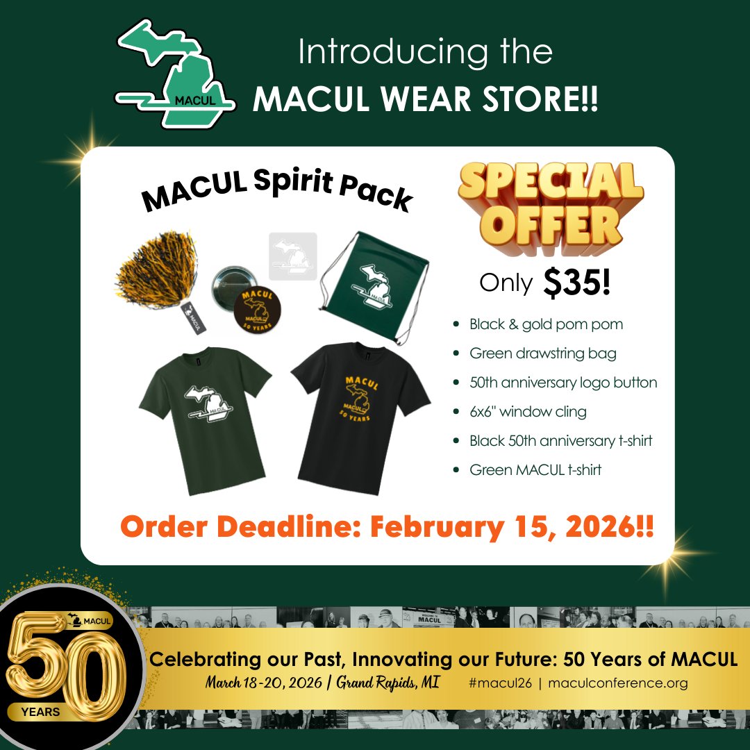 MACUL's tweet photo. Introducing MACUL Wear! You've been at the conference. You've seen the shirts. It's your turn to proudly wear the MACUL logo! We're thrilled to offer exclusive MACUL Wear! Show your MACUL pride and support the mission of educational technology! Order now! https://t.co/rvPfksYrWu https://t.co/37QFkh3Neu
