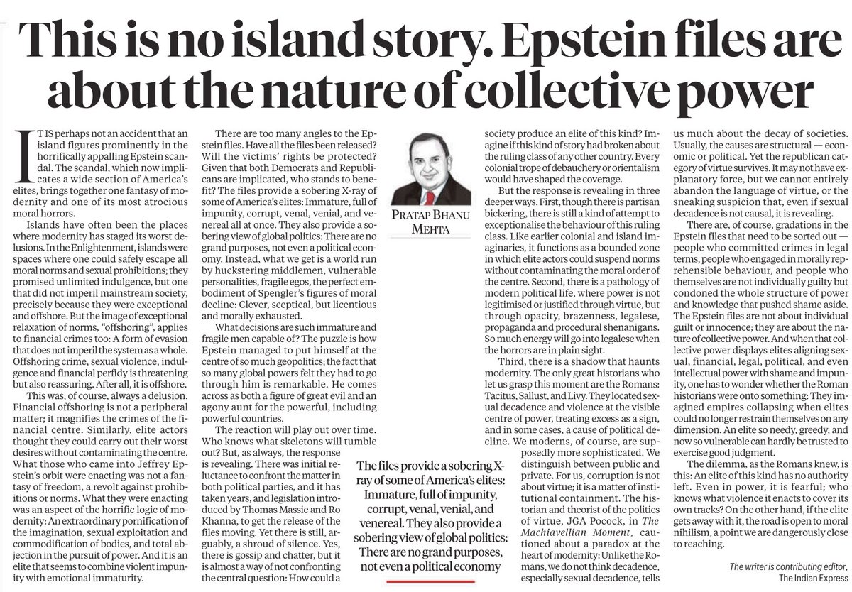 Rajmalhotrachd's tweet photo. 🔥THIS IS NOT AN ISLAND STORY.
THIS IS A POWER STORY.
(A 🧵 that does not summarise Pratap Bhanu Mehta @pbmehta — it inhabits him.)
#EpsteinFiles #CollectivePower #MoralCollapse #PowerWithoutRestraint #CivilizationalXRay 🧠🔥
Pause.
Before outrage.
Before names.
Before islands.
Because Epstein is not a person in this essay.
He is a method.
A symptom.
A diagnostic scan of elite civilisation under stress.
Pratap Bhanu Mehta is not asking “Who went to the island?”
He is asking something far more dangerous:
👉 What kind of world produces an island like this — and then protects it?