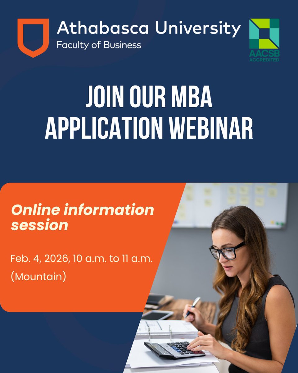 🗓️ Mark you calendars for February 4th!

Join us online for an MBA info session and learn about how the world's first fully interactive, AACSB accredited online MBA program can work for you bit.ly/4byOpDG

<a href="/AthabascaU/">Athabasca University</a>  #LikeNoOther