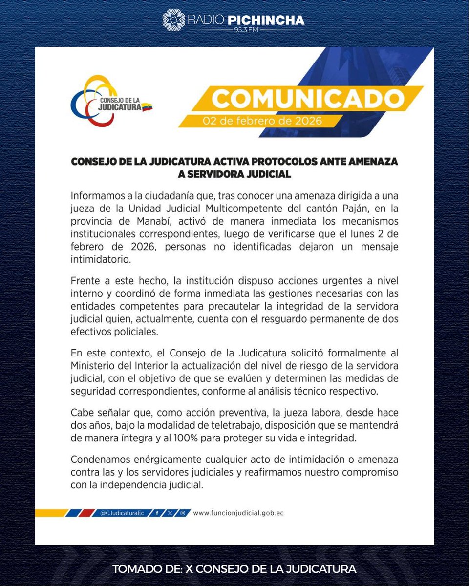 radio_pichincha's tweet photo. 🛑#Atención | Mediante un comunicado, el Consejo de la @CJudicaturaEc activó protocolos de seguridad tras una amenaza contra una jueza de la Unidad Judicial Multicompetente de Paján, provincia de #Manabí.
#LaRadioDeLasNoticias https://t.co/VHzWCCRnN9