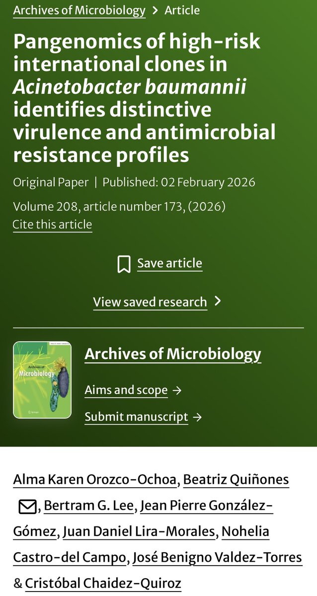 almakorozco's tweet photo. 🧬 New paper on high-risk international clones of Acinetobacter baumannii published with @SpringerNature in Archives of Microbiology.
Comparative #pangenomics reveals virulence and AMR profiles in clinical isolates from Mexico.

🔗 https://t.co/EnifQaEsBb https://t.co/pPDT620DQD