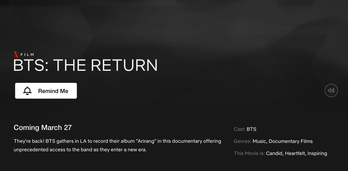 "BTS: The Return" Netflix Description (Coming March 27)

They're back! BTS gathers in LA to record their album "Arirang" in this documentary offering unprecedented access to the band as they enter a new era.
